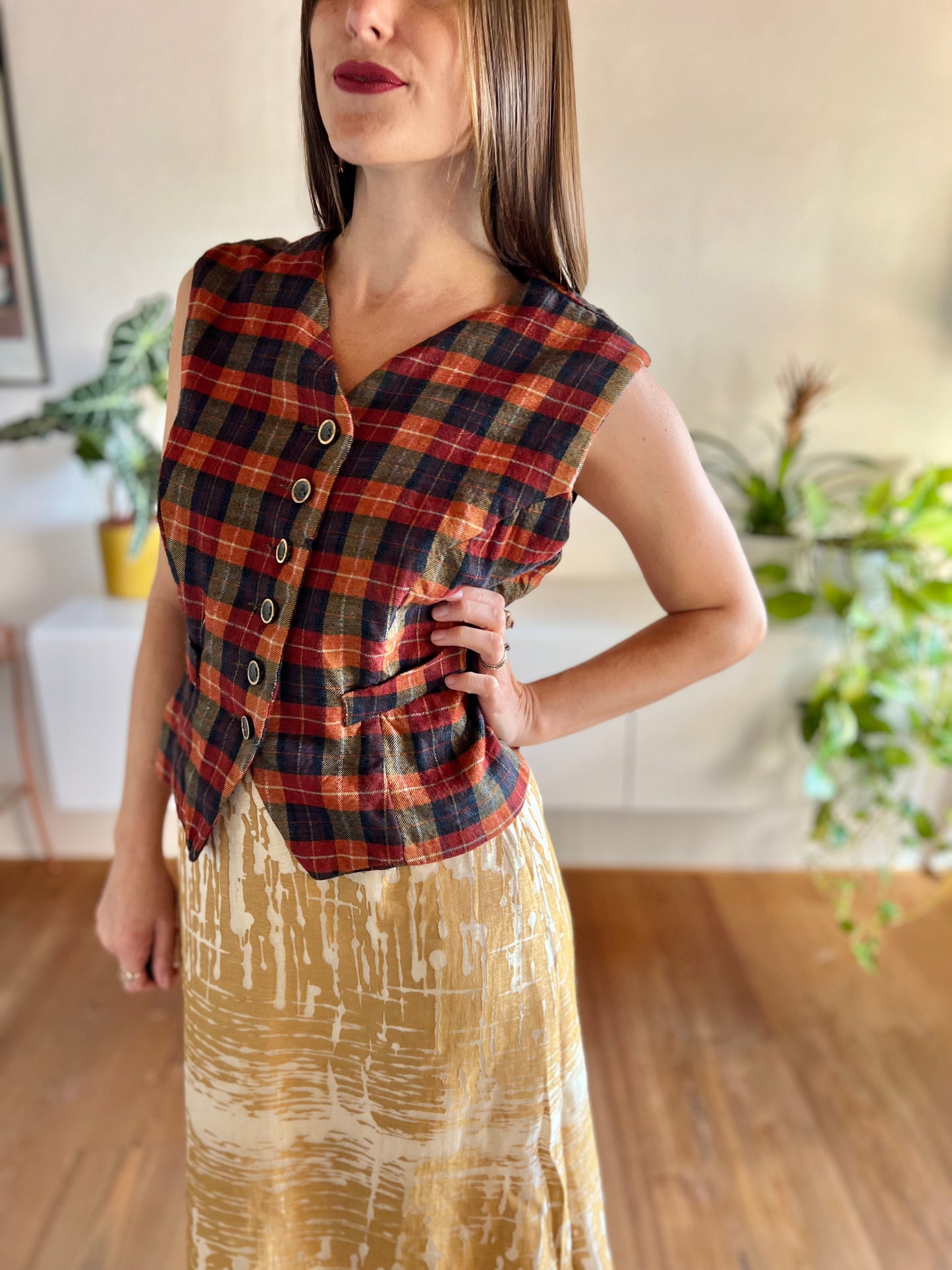 1970's vintage orange and navy plaid wool vest