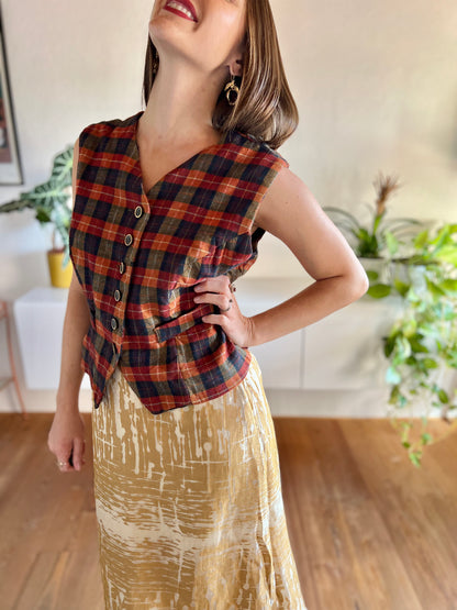 1970's vintage orange and navy plaid wool vest