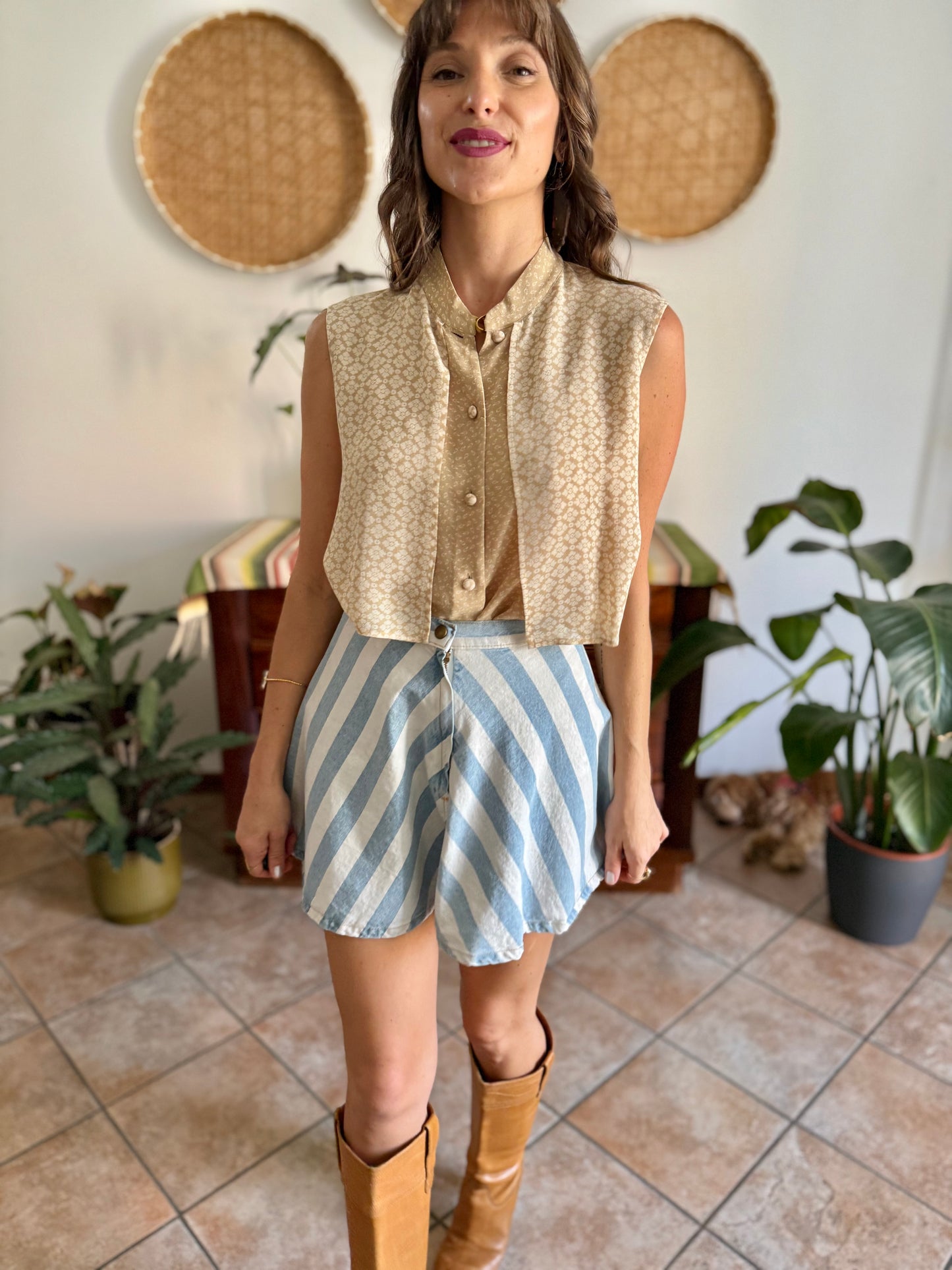 1990's vintage double lay beige and cream silk floral print blouse