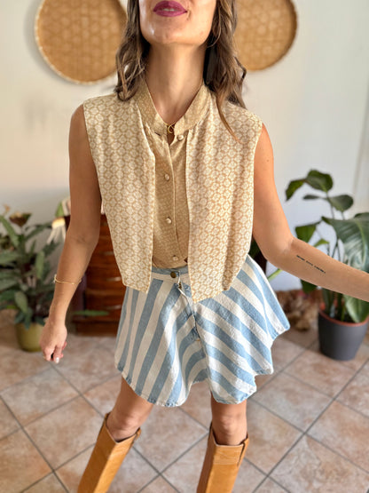 1990's vintage double lay beige and cream silk floral print blouse