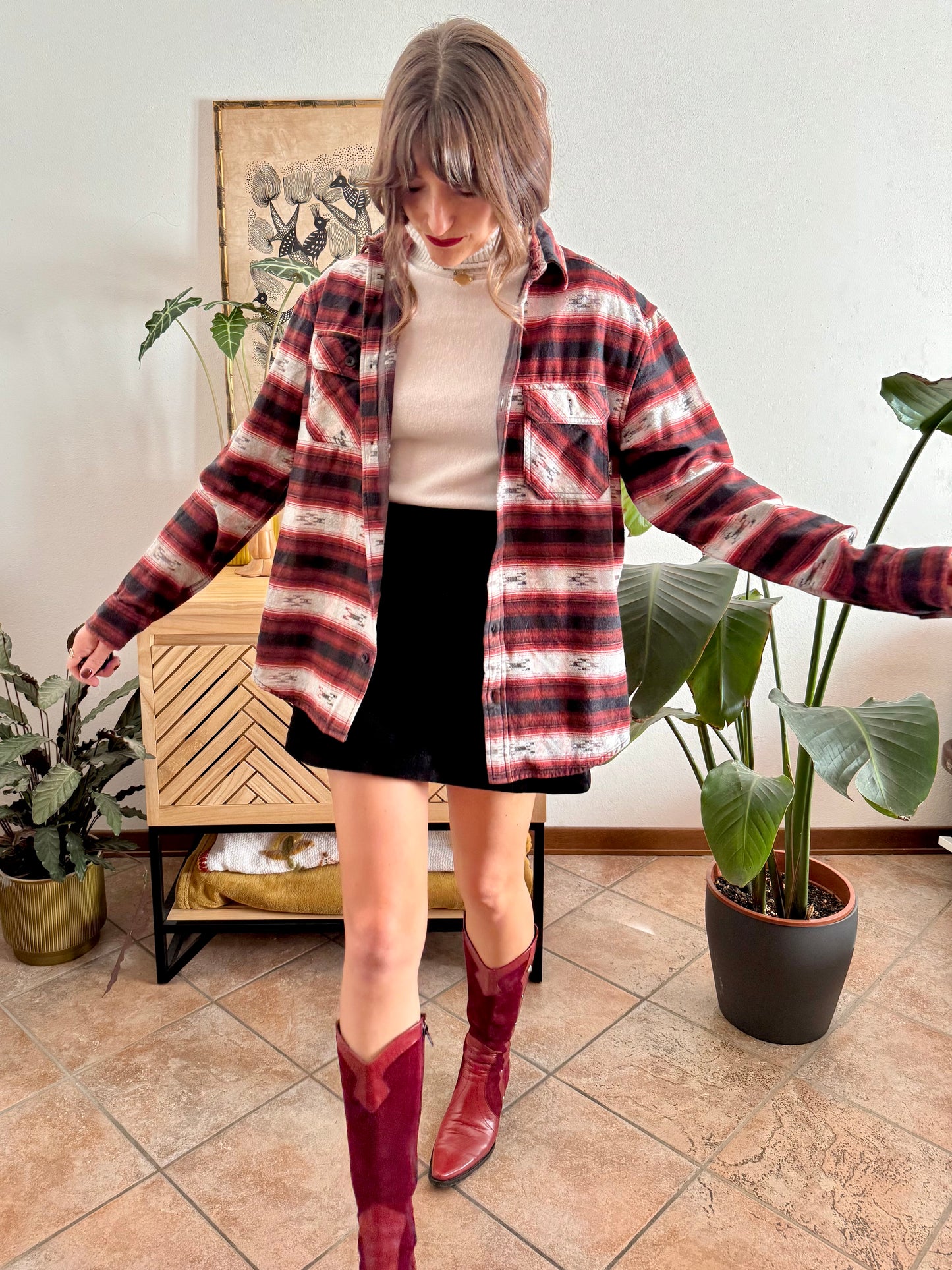 1990's vintage burgundy , black and grey aztec pattern flannel shirt