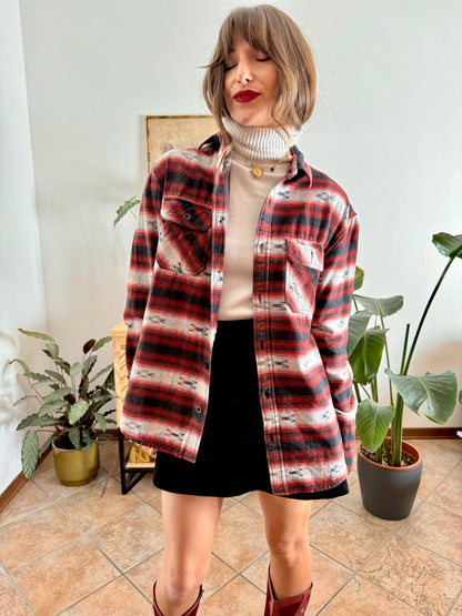 1990's vintage burgundy , black and grey aztec pattern flannel shirt