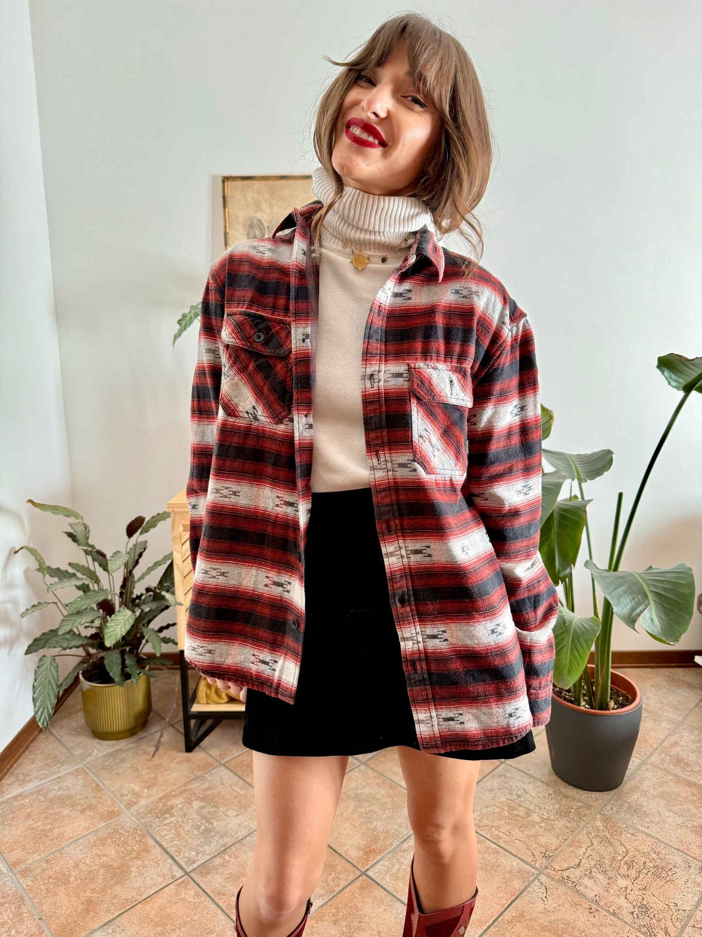 1990's vintage burgundy , black and grey aztec pattern flannel shirt