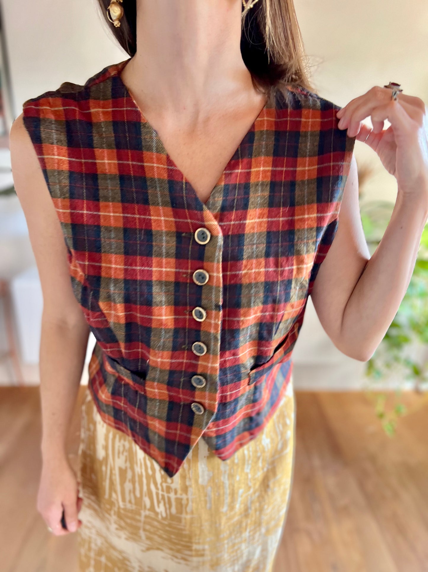 1970's vintage orange and navy plaid wool vest