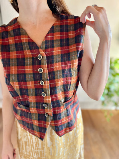 1970's vintage orange and navy plaid wool vest