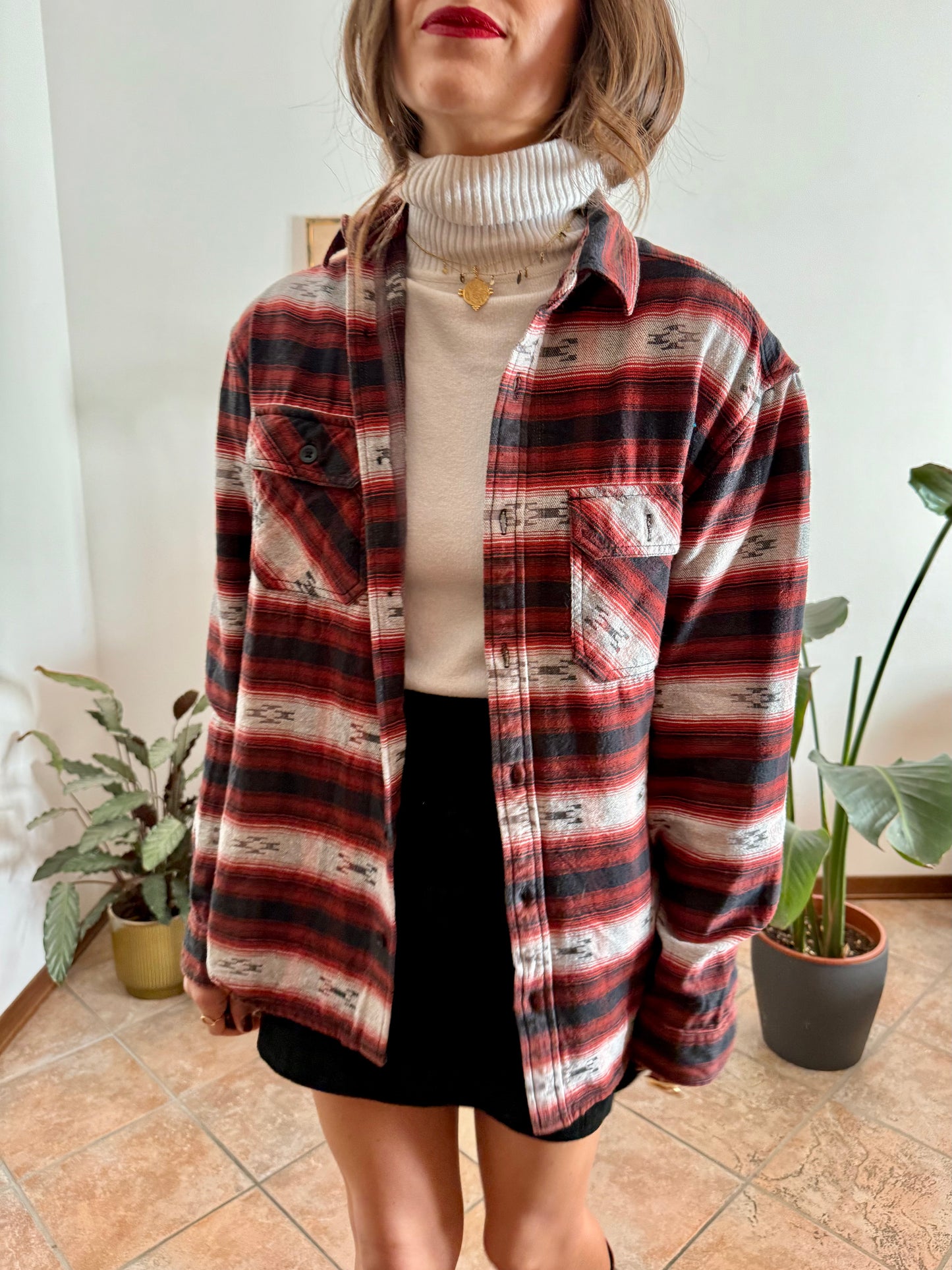 1990's vintage burgundy , black and grey aztec pattern flannel shirt