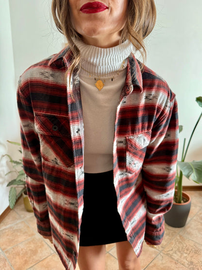 1990's vintage burgundy , black and grey aztec pattern flannel shirt