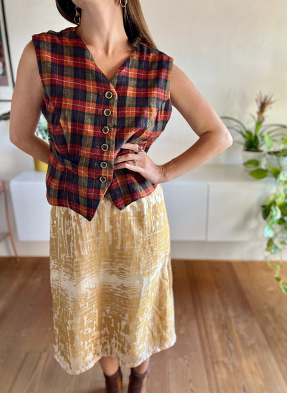 1970's vintage orange and navy plaid wool vest