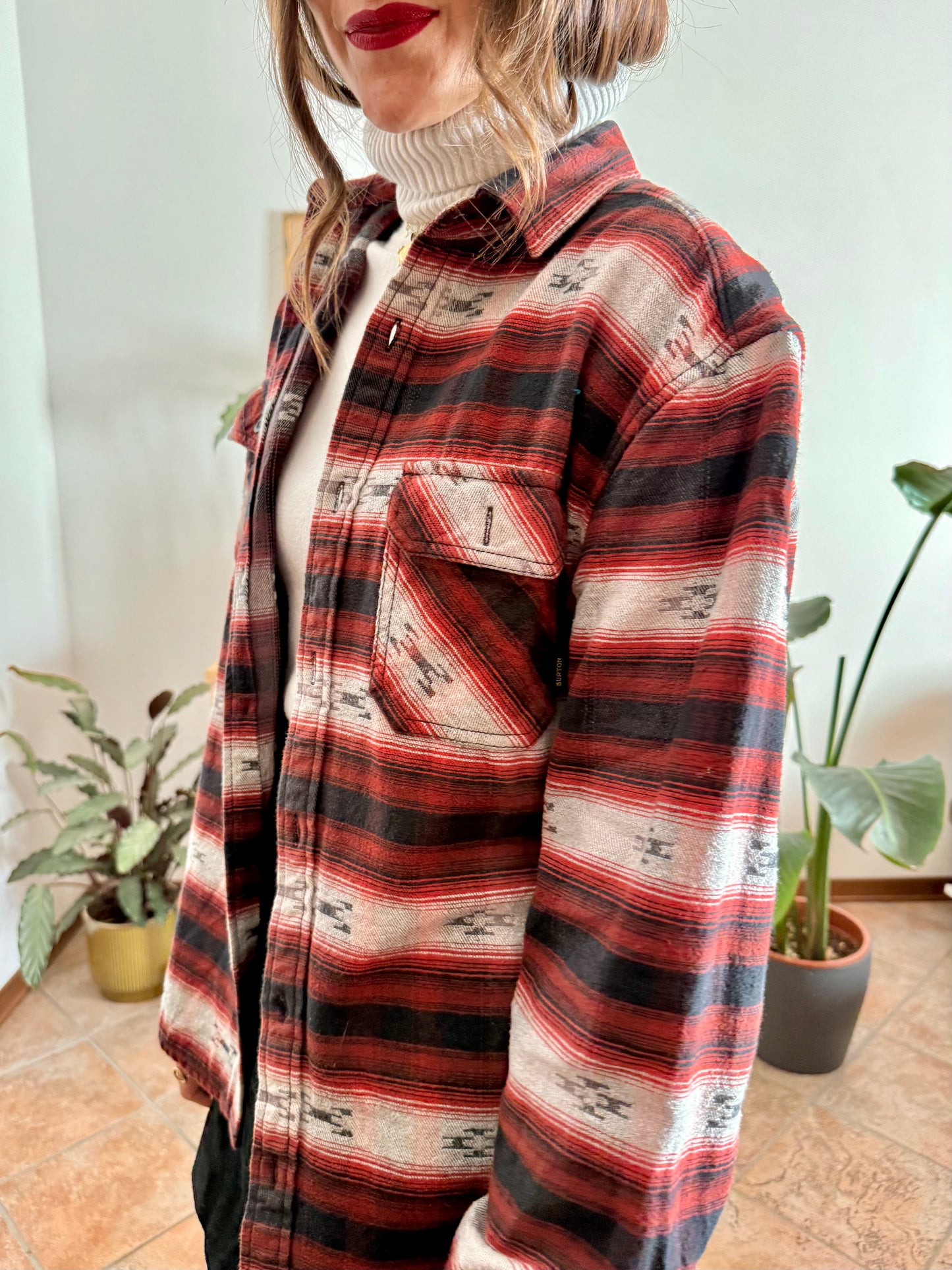 1990's vintage burgundy , black and grey aztec pattern flannel shirt