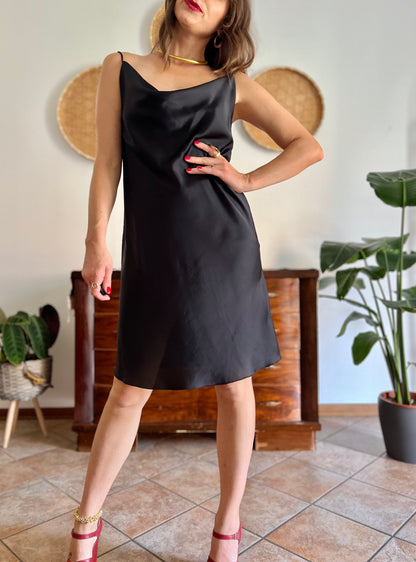 1990's vintage black satin cowl neck midi dress