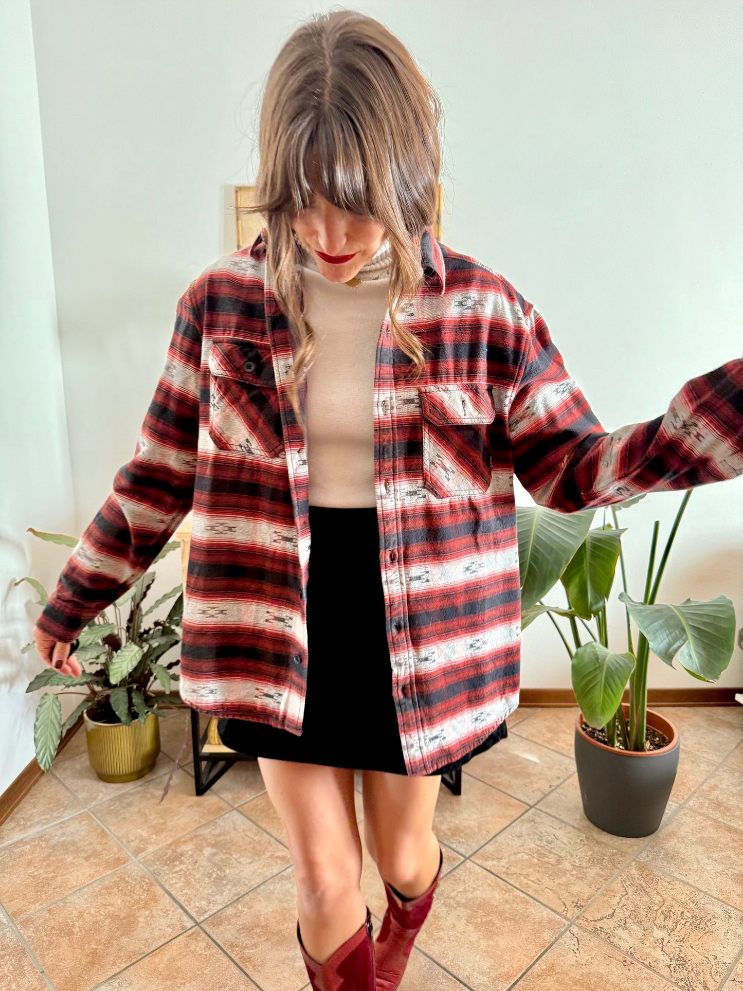 1990's vintage burgundy , black and grey aztec pattern flannel shirt