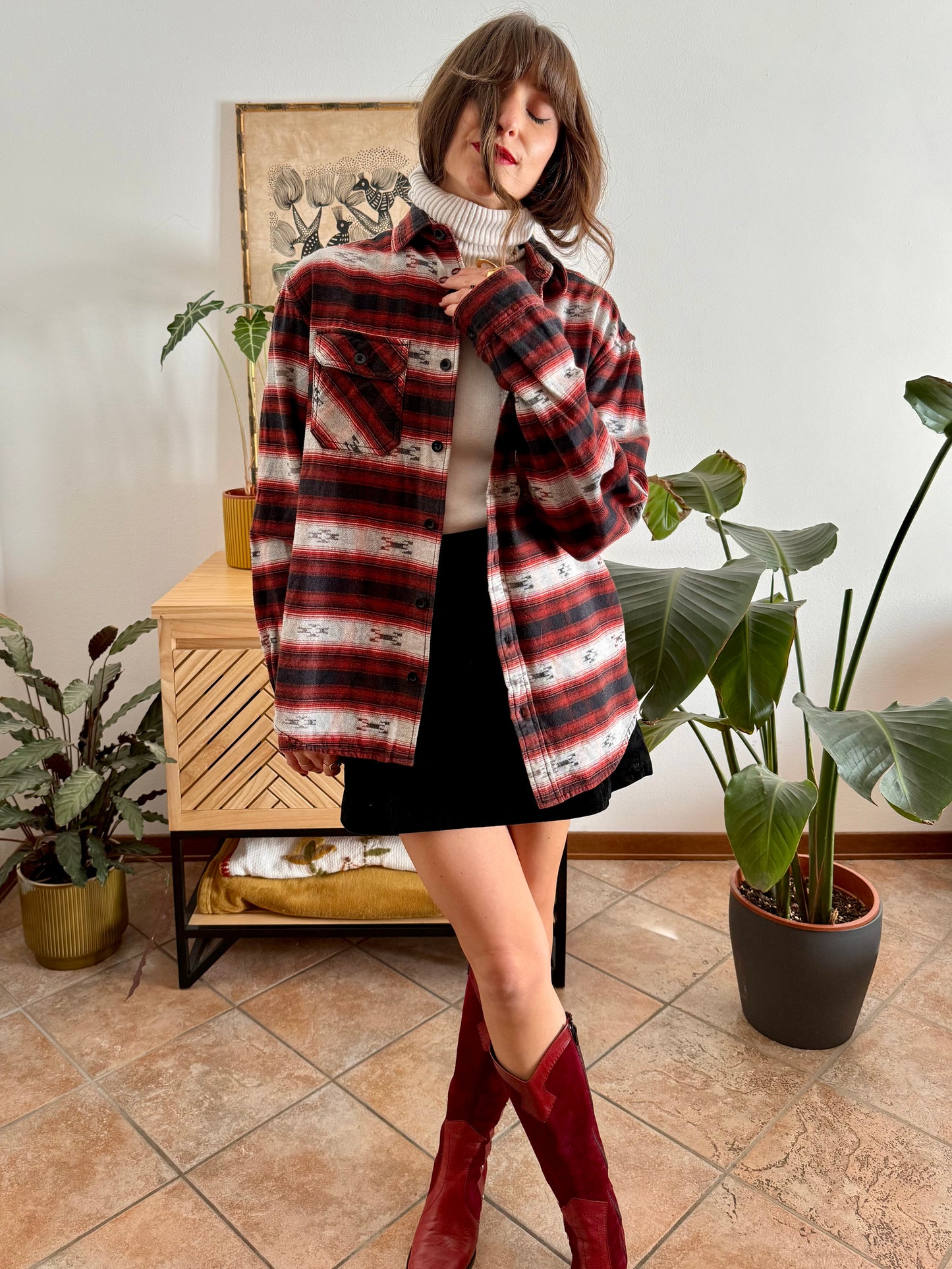 1990's vintage burgundy , black and grey aztec pattern flannel shirt