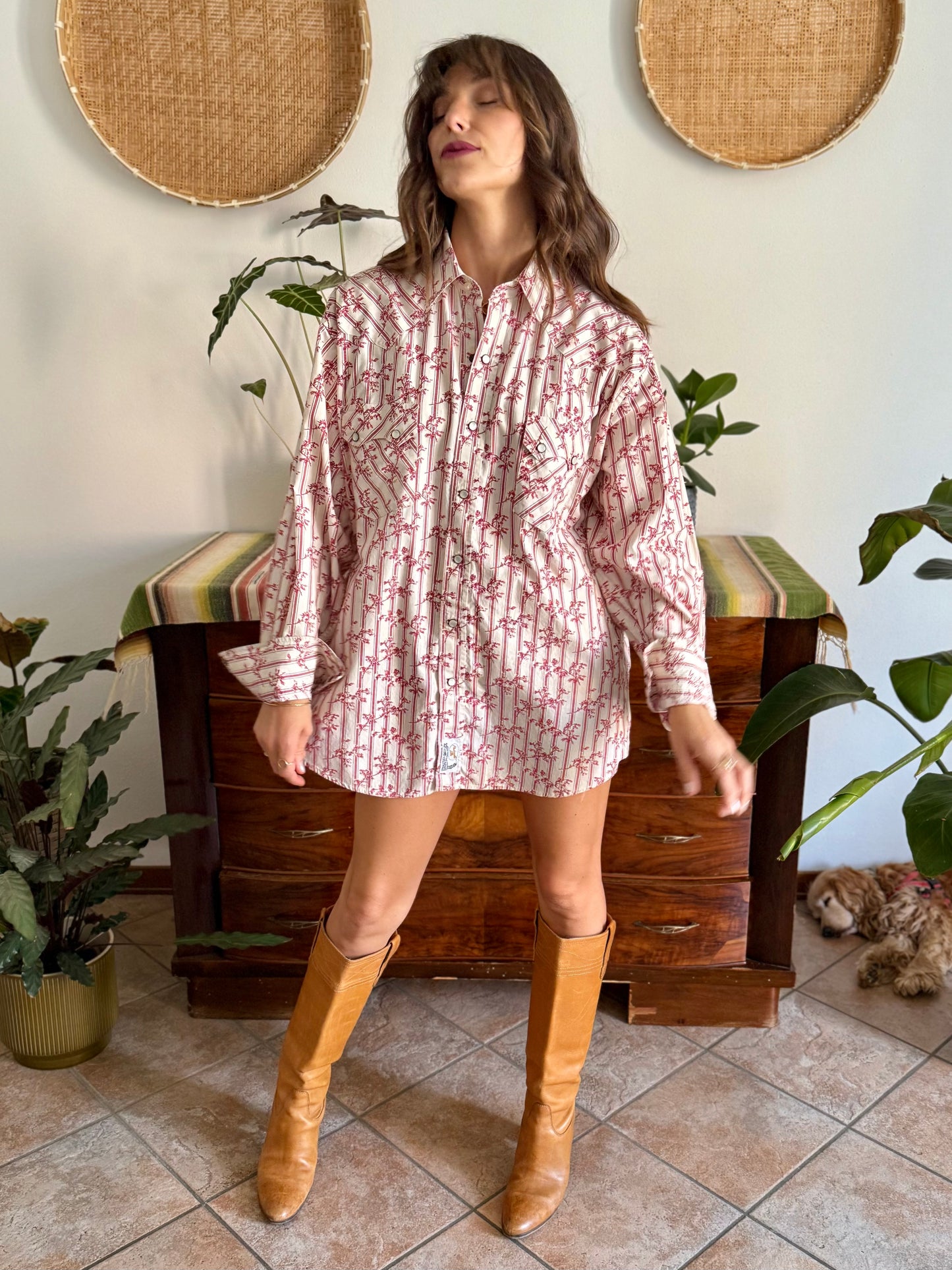 1990's vintage cream floral western pearl snap shirt with burgundy and pink floral print