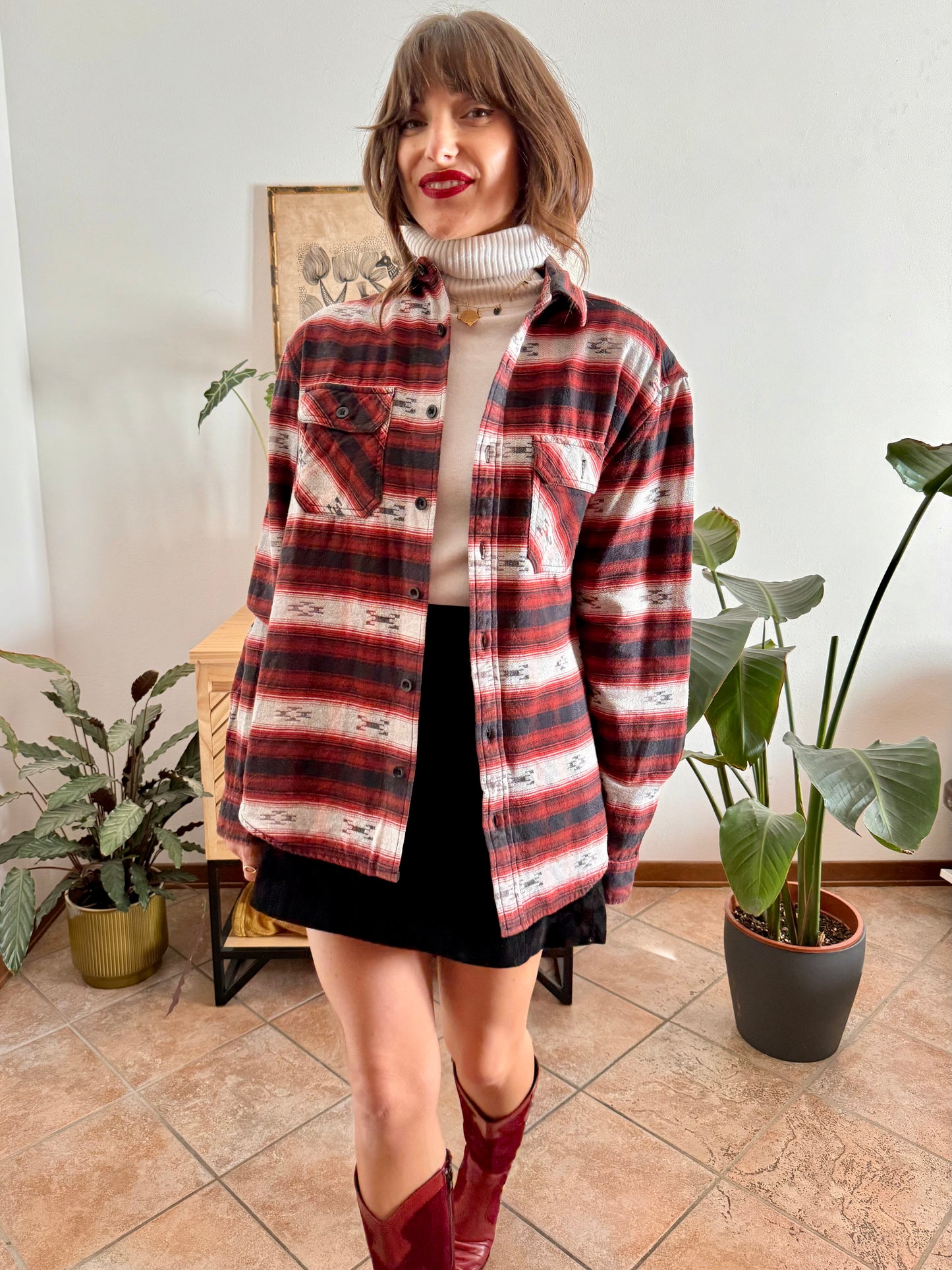 1990's vintage burgundy , black and grey aztec pattern flannel shirt