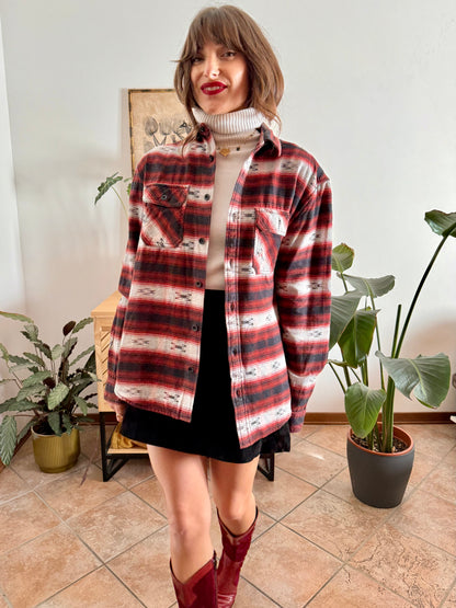 1990's vintage burgundy , black and grey aztec pattern flannel shirt