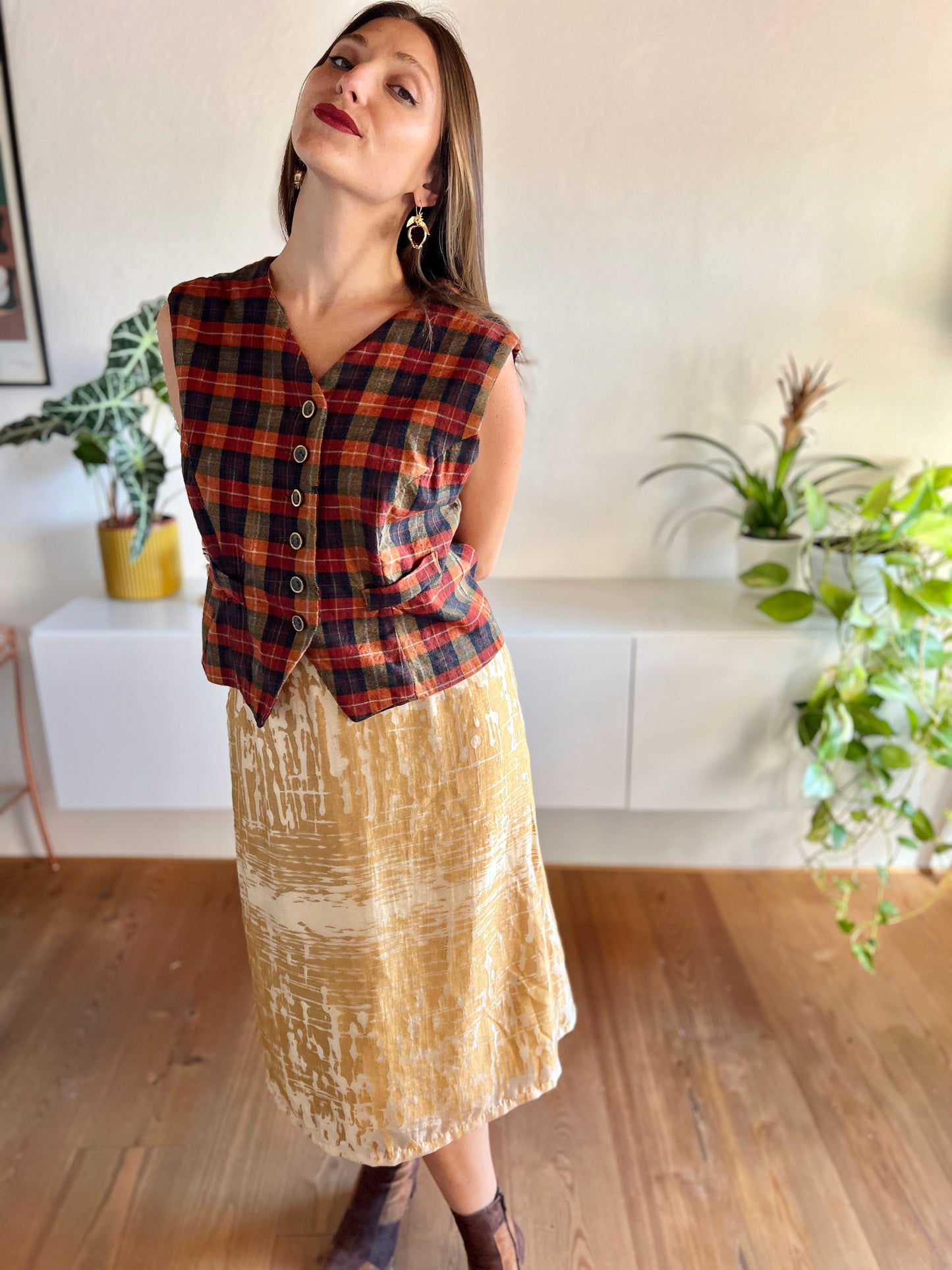 1970's vintage orange and navy plaid wool vest