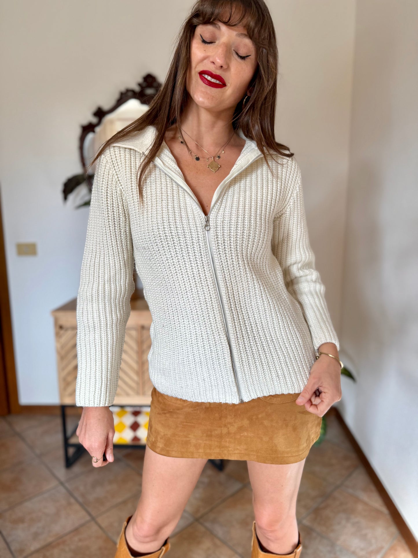 1990's vintage knit wool cream zip up cardigan with collar