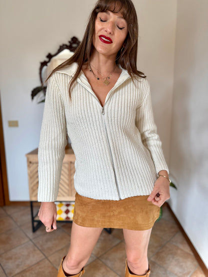 1990's vintage knit wool cream zip up cardigan with collar