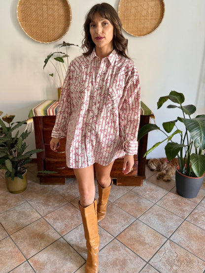 1990's vintage cream floral western pearl snap shirt with burgundy and pink floral print