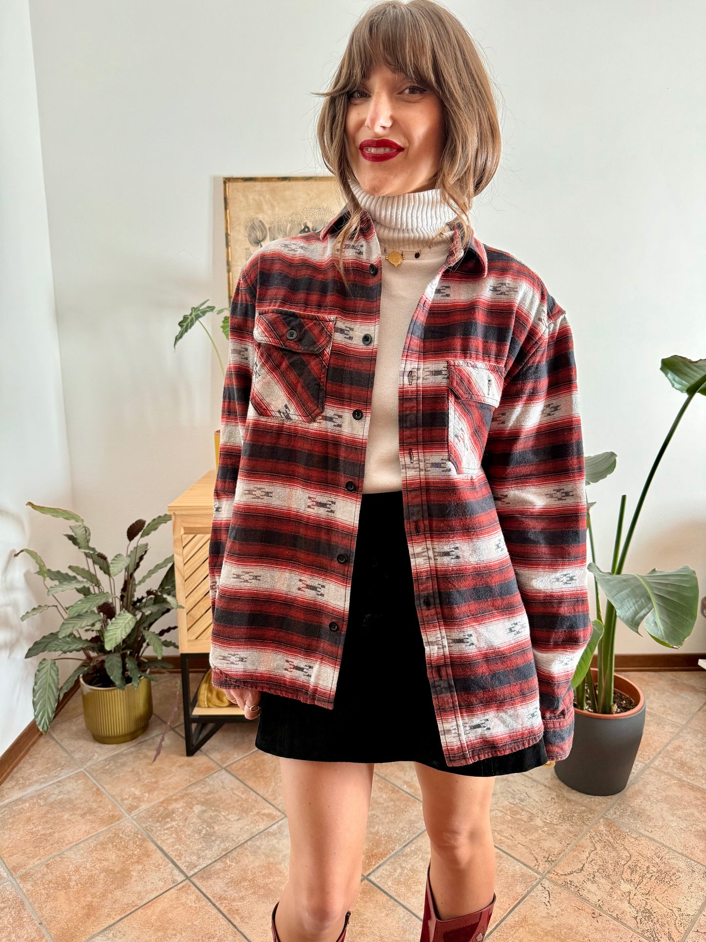 1990's vintage burgundy , black and grey aztec pattern flannel shirt