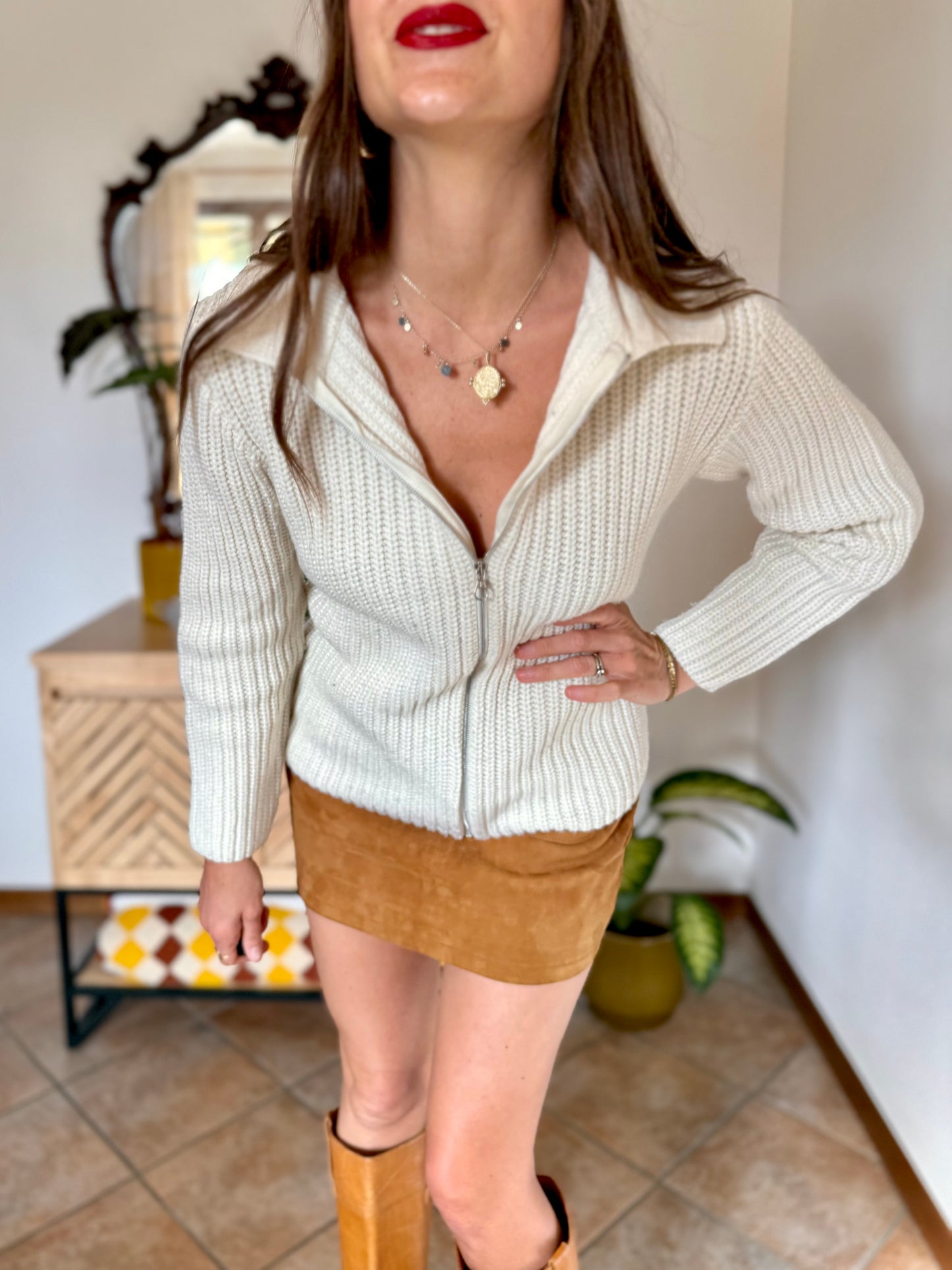 1990's vintage knit wool cream zip up cardigan with collar