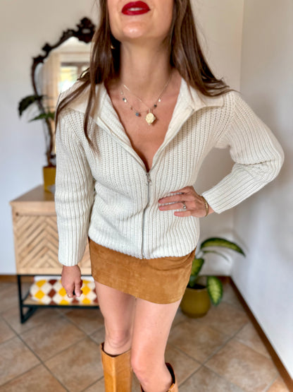 1990's vintage knit wool cream zip up cardigan with collar