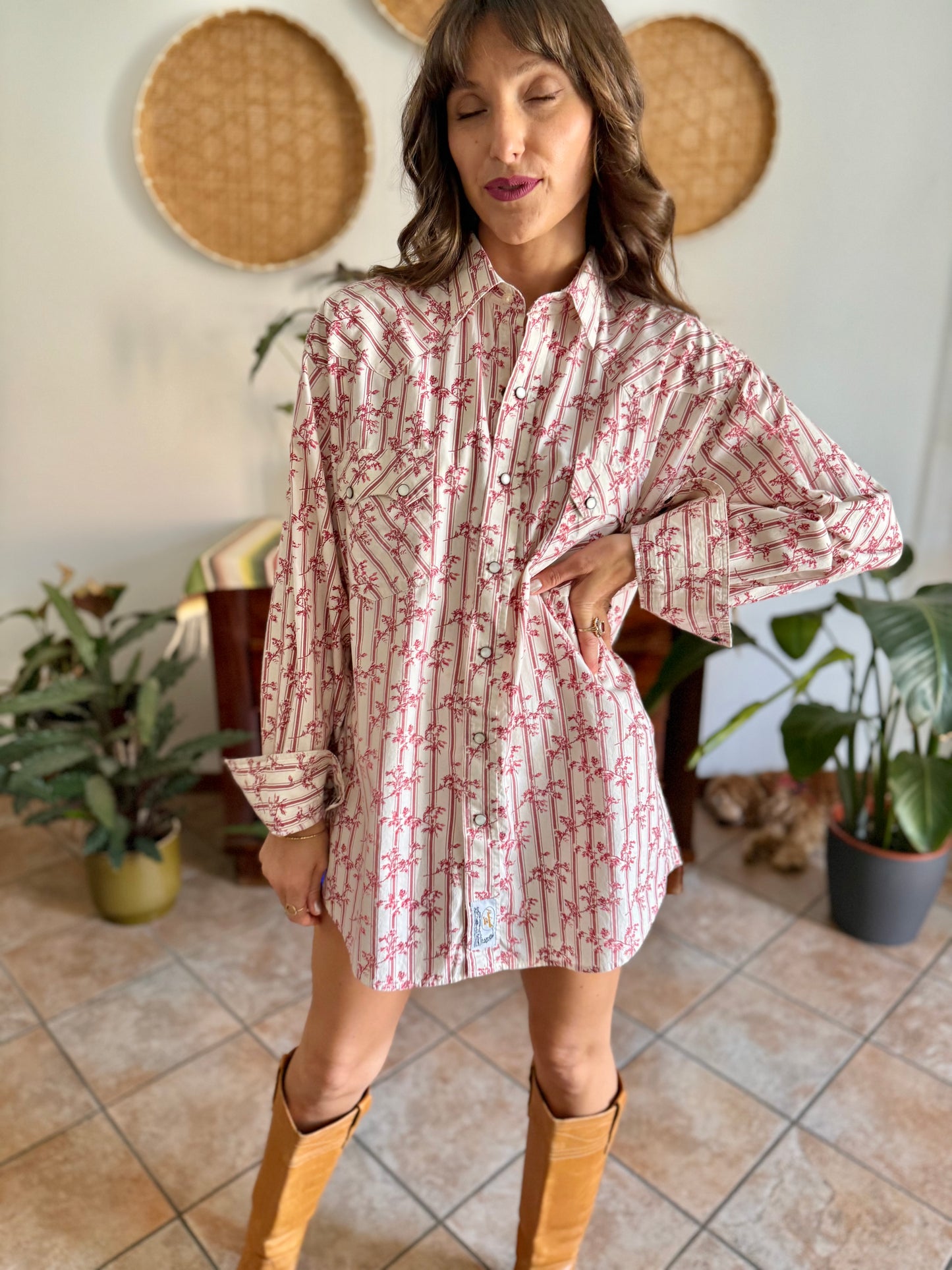 1990's vintage cream floral western pearl snap shirt with burgundy and pink floral print