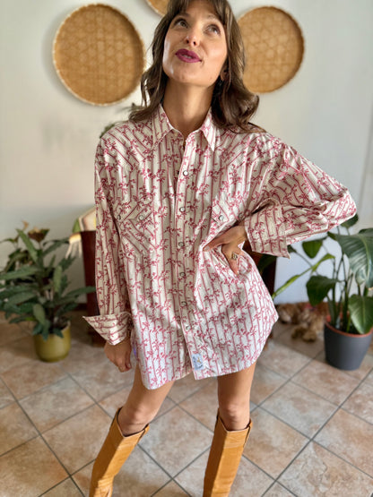 1990's vintage cream floral western pearl snap shirt with burgundy and pink floral print