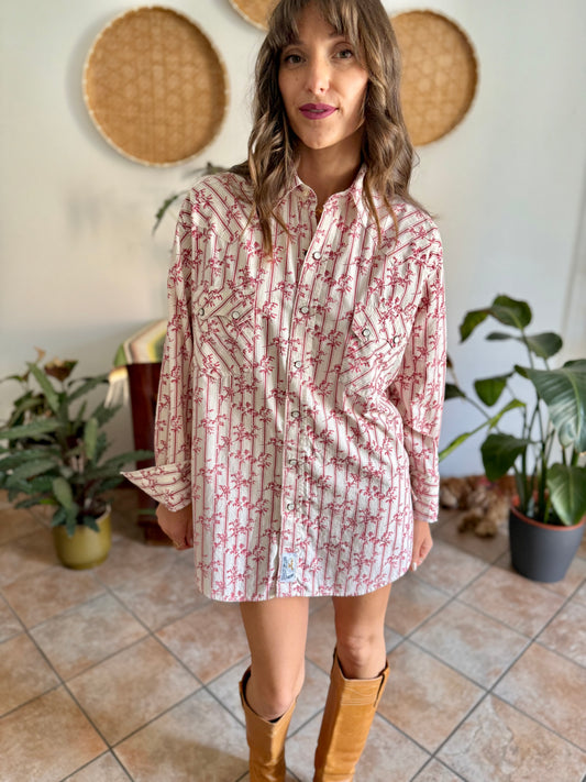 1990's vintage cream floral western pearl snap shirt with burgundy and pink floral print