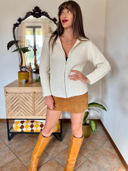 1990's vintage knit wool cream zip up cardigan with collar
