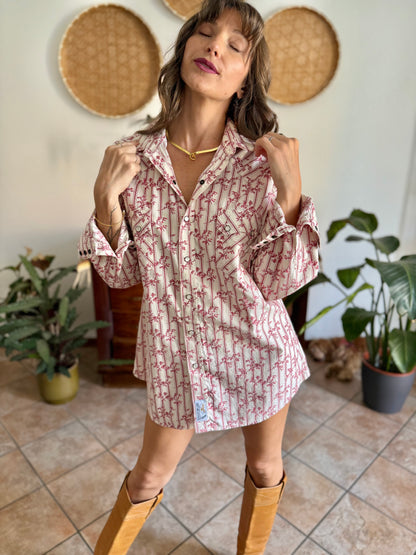 1990's vintage cream floral western pearl snap shirt with burgundy and pink floral print