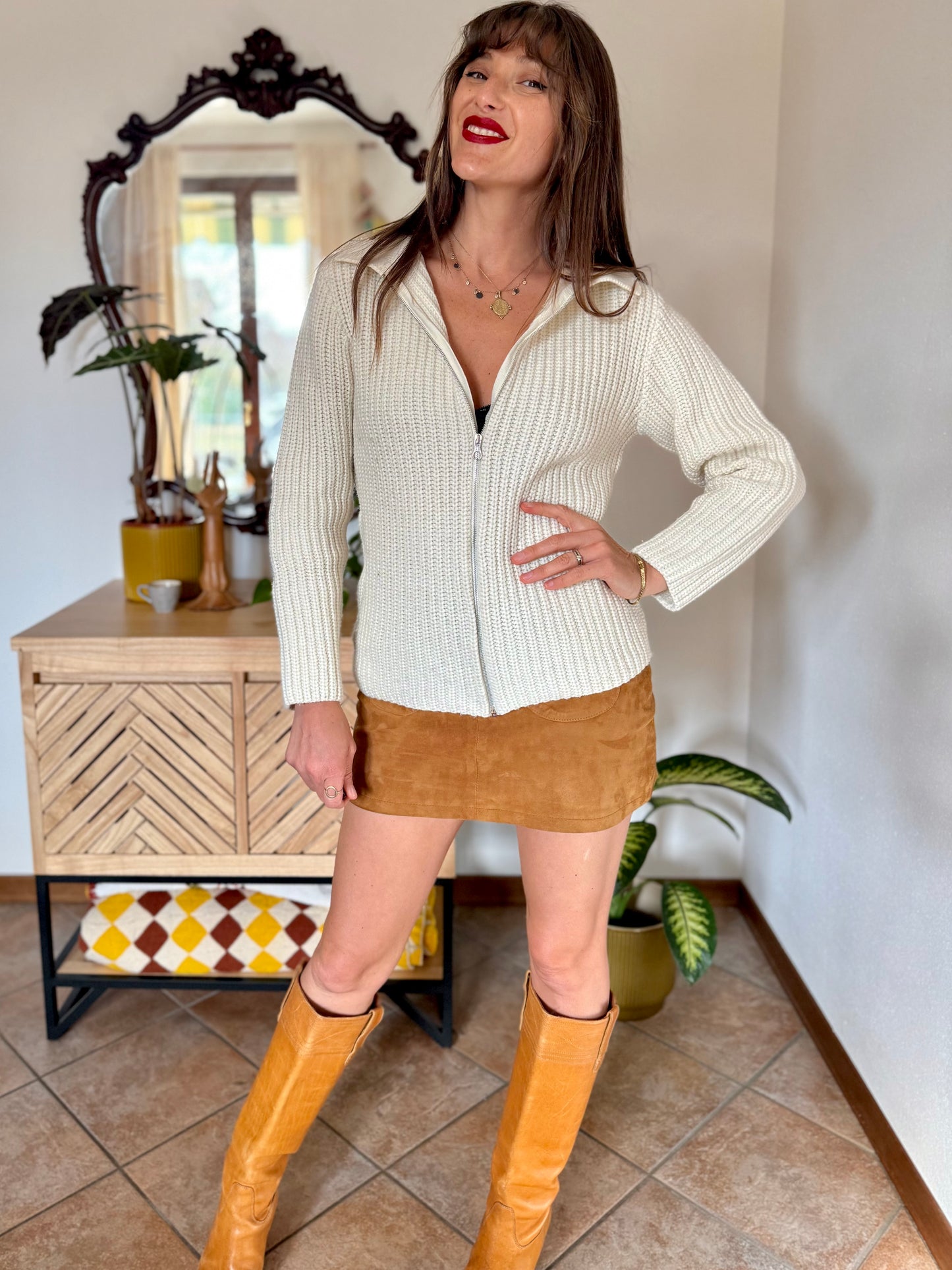 1990's vintage knit wool cream zip up cardigan with collar