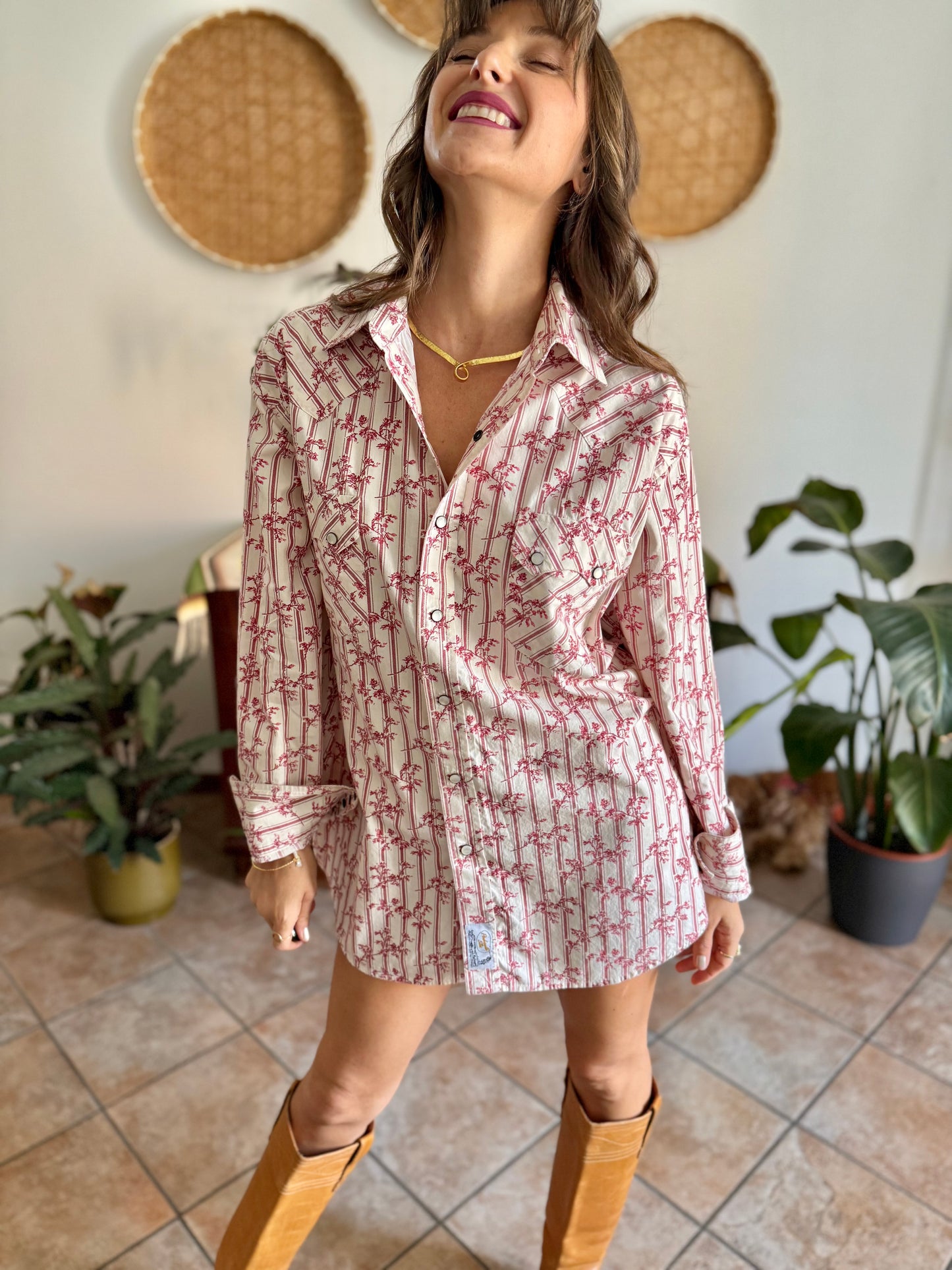 1990's vintage cream floral western pearl snap shirt with burgundy and pink floral print