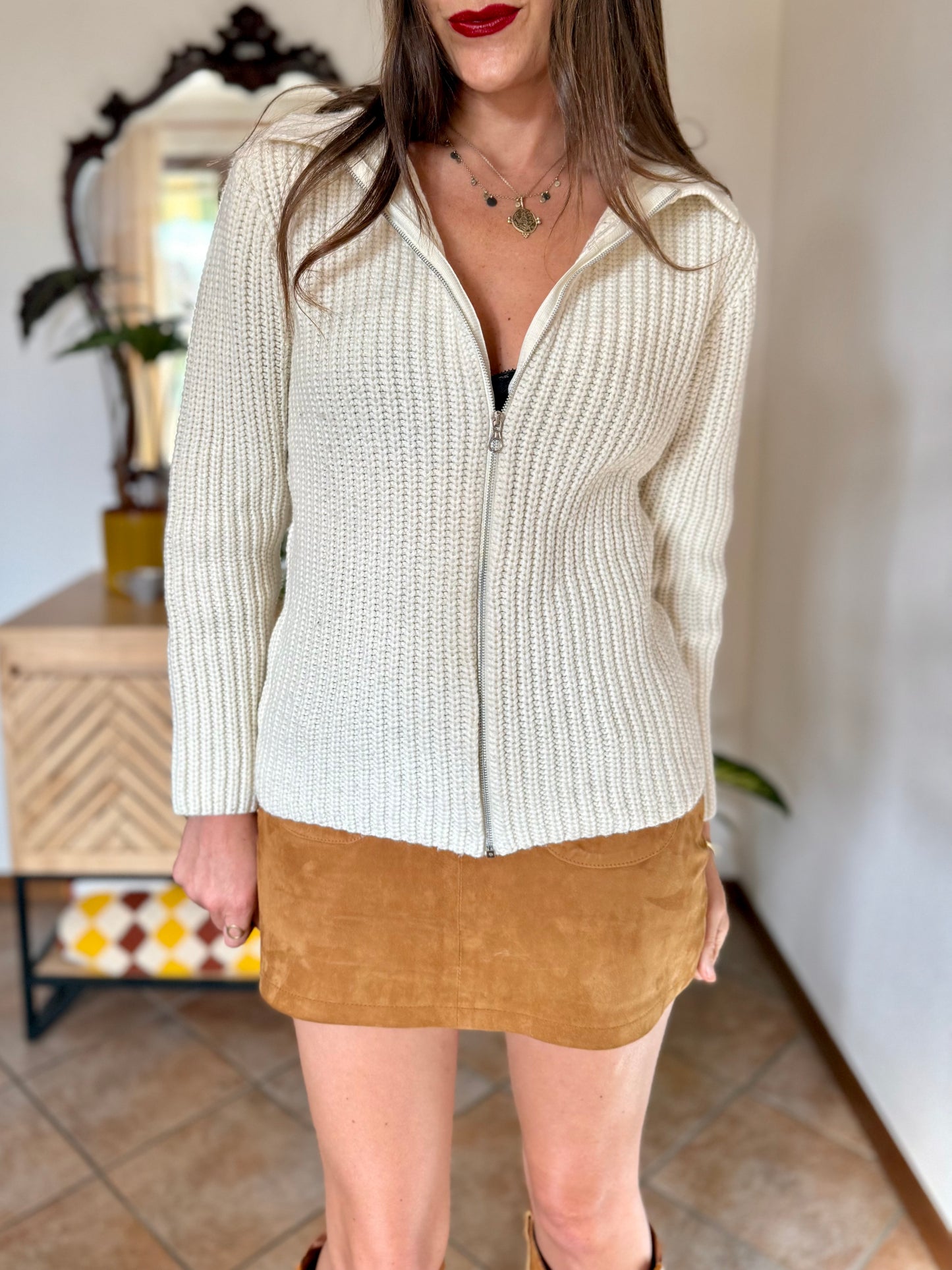 1990's vintage knit wool cream zip up cardigan with collar