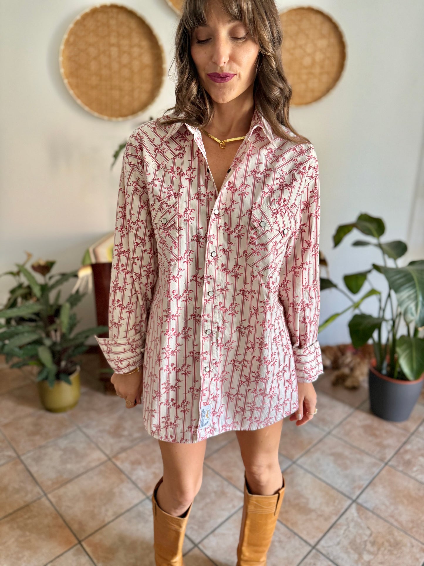 1990's vintage cream floral western pearl snap shirt with burgundy and pink floral print
