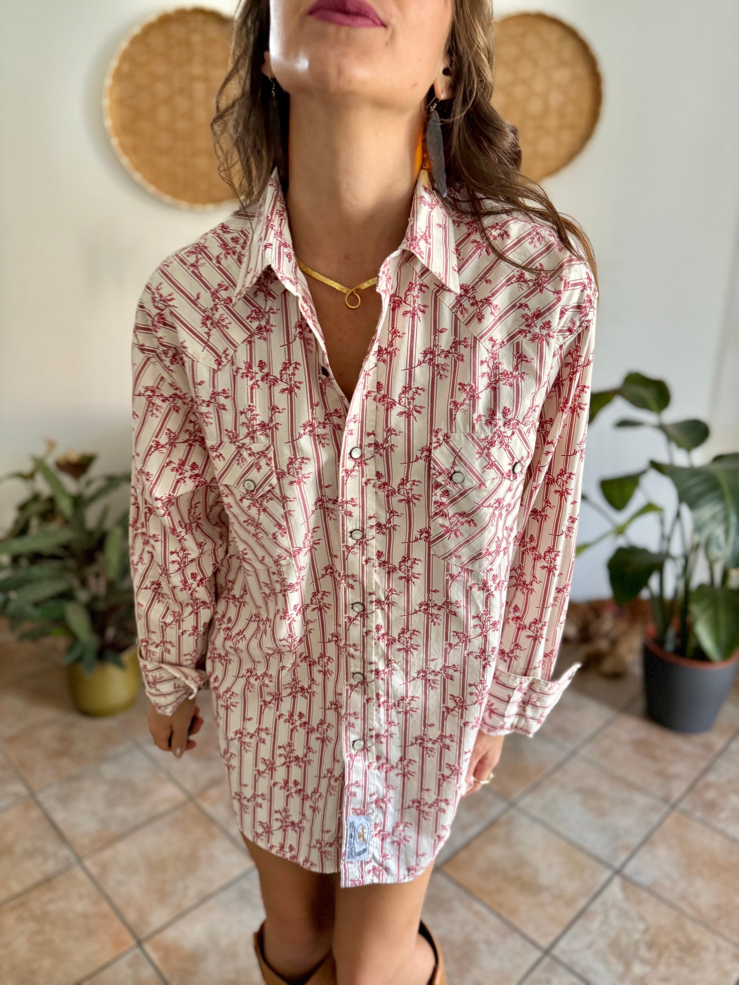1990's vintage cream floral western pearl snap shirt with burgundy and pink floral print