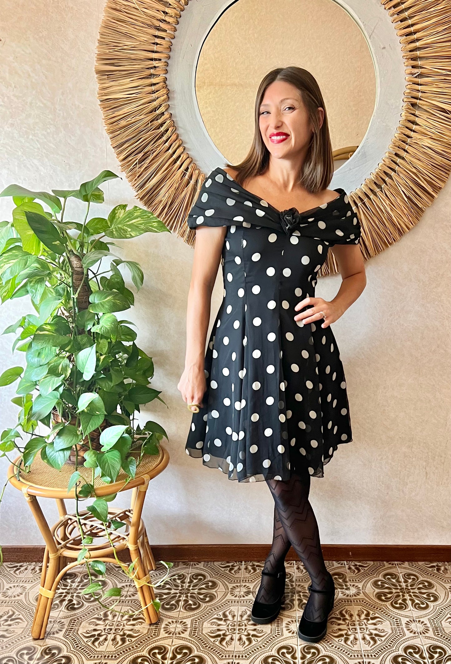 1980's vintage off the shoulder black and white polka dot mini dress