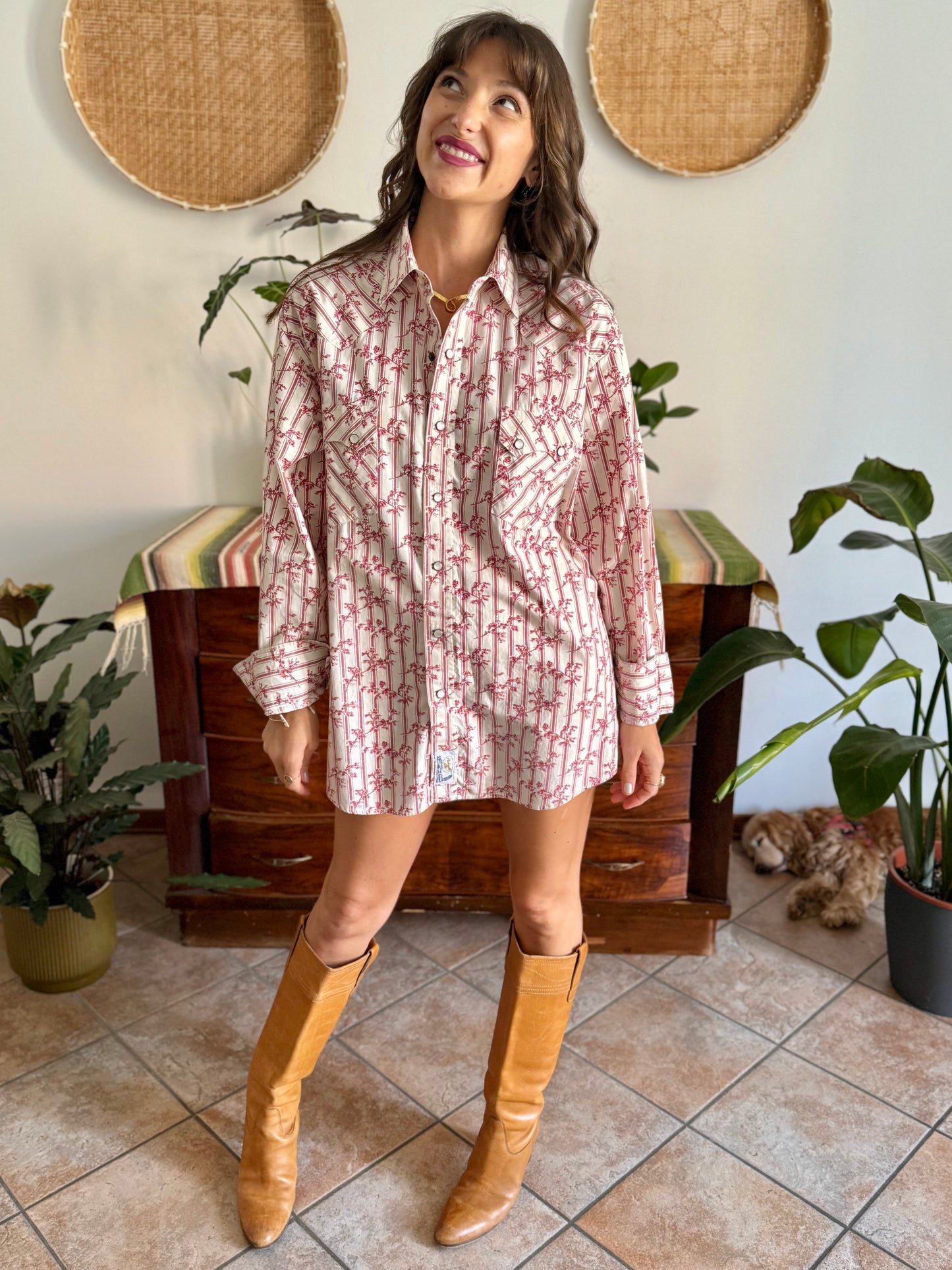 1990's vintage cream floral western pearl snap shirt with burgundy and pink floral print