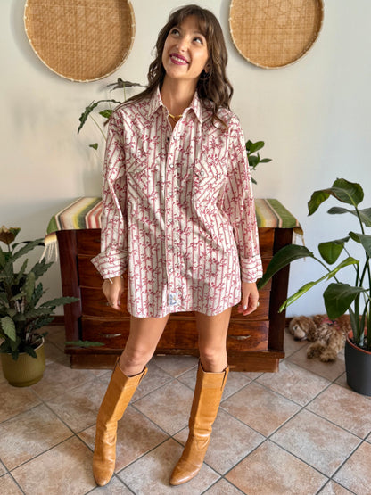 1990's vintage cream floral western pearl snap shirt with burgundy and pink floral print