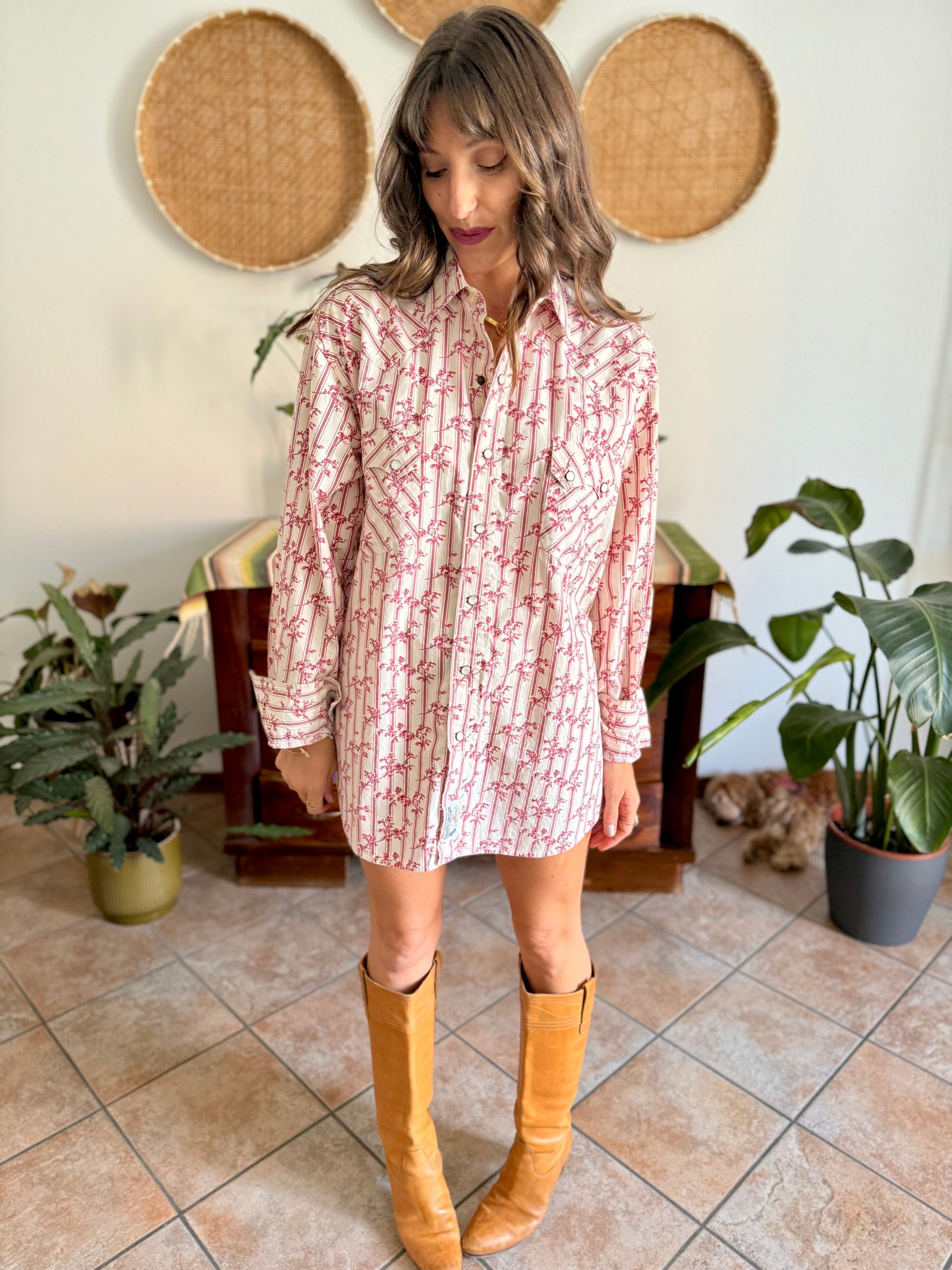 1990's vintage cream floral western pearl snap shirt with burgundy and pink floral print