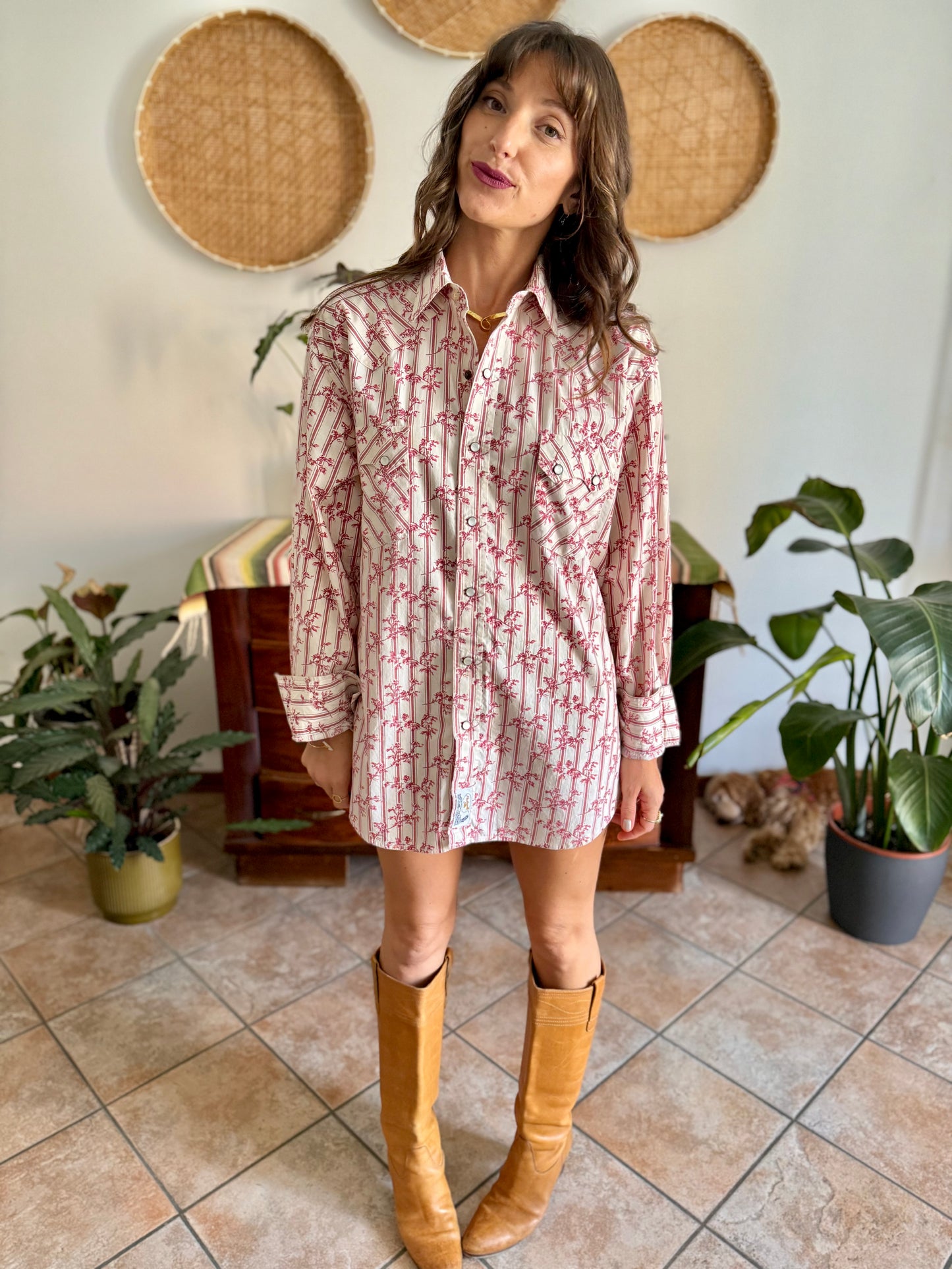 1990's vintage cream floral western pearl snap shirt with burgundy and pink floral print