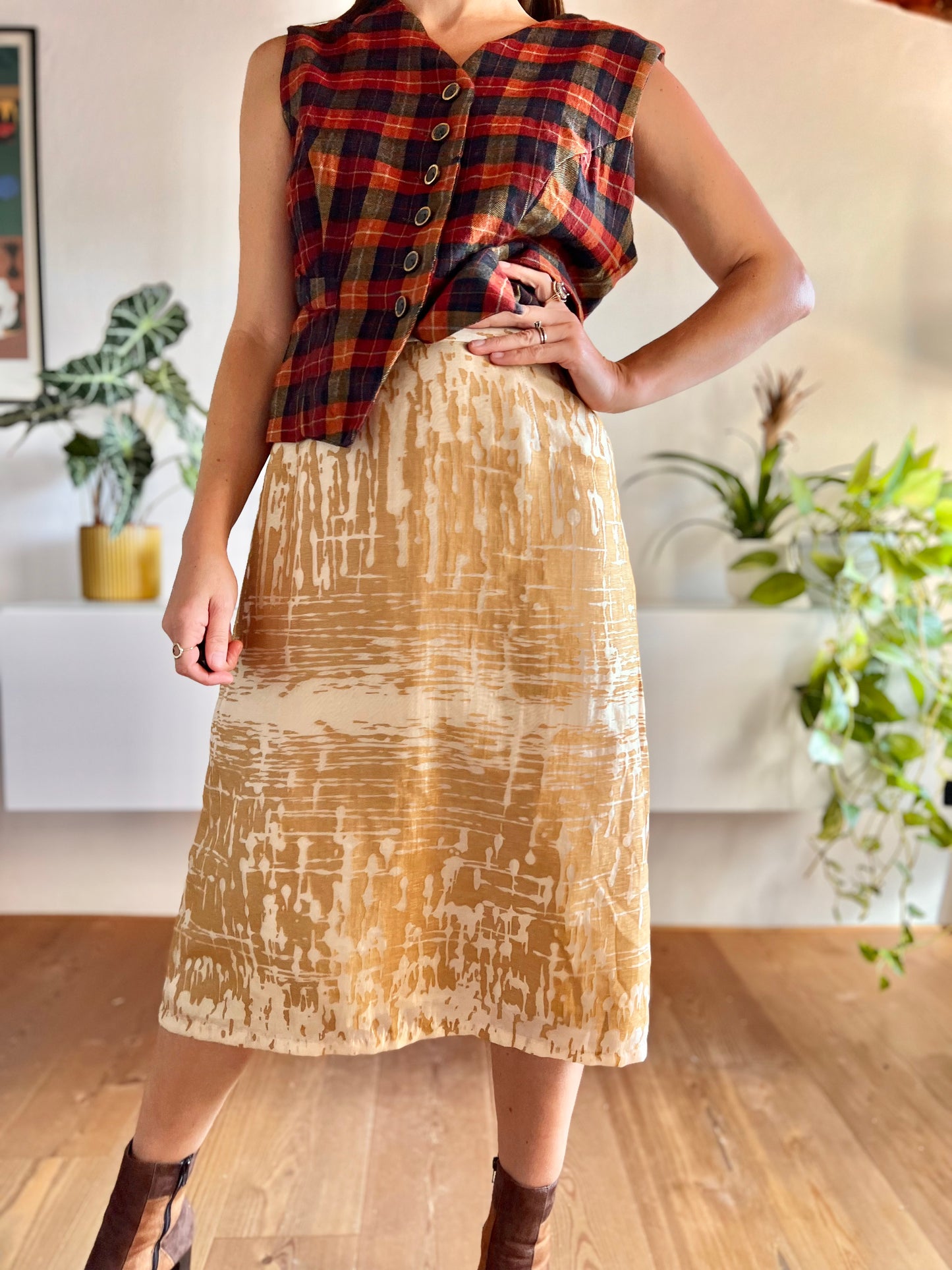 1970’s vintage abstract gold and champagne iridescent midi skirt