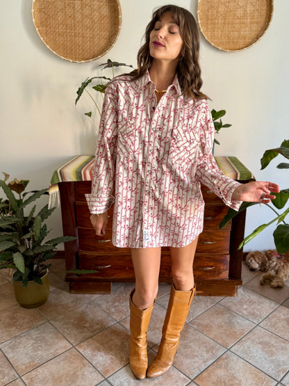 1990's vintage cream floral western pearl snap shirt with burgundy and pink floral print