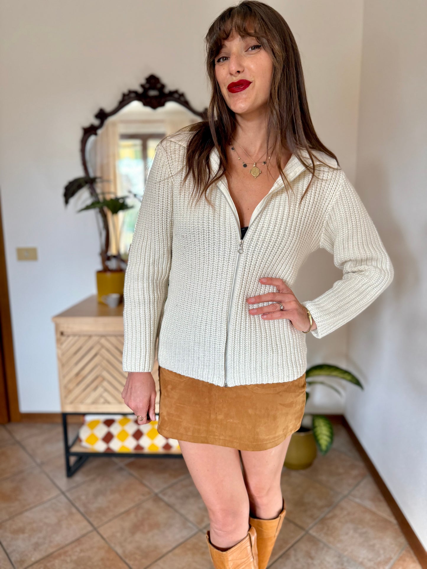 1990's vintage knit wool cream zip up cardigan with collar