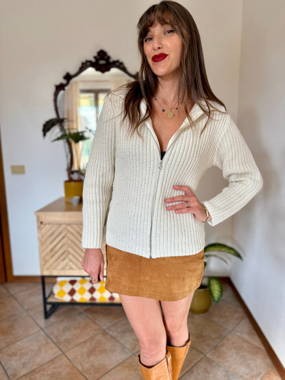 1990's vintage knit wool cream zip up cardigan with collar