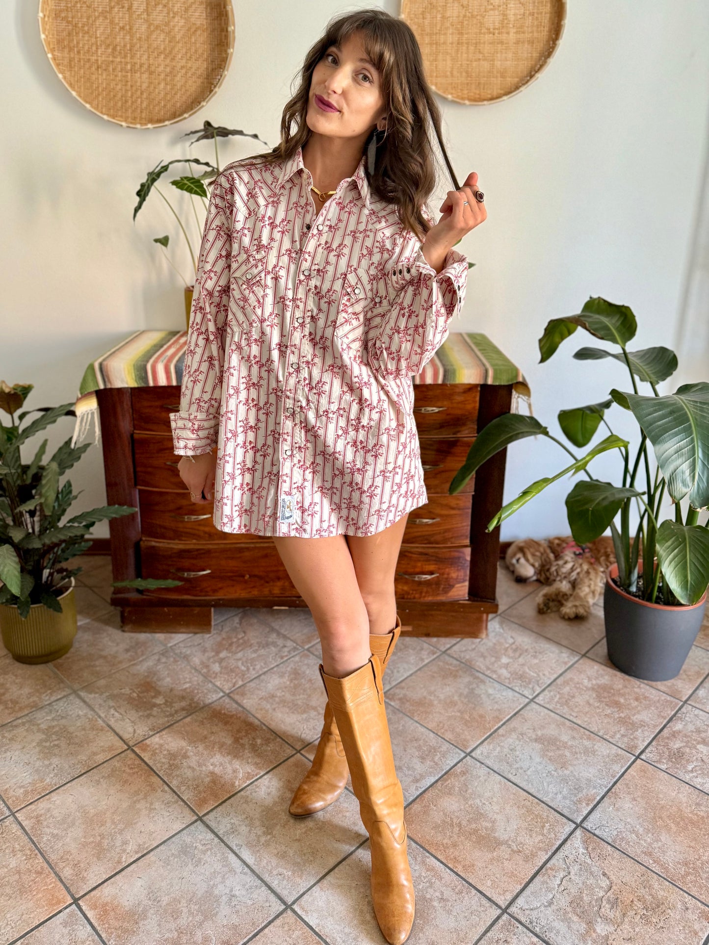 1990's vintage cream floral western pearl snap shirt with burgundy and pink floral print