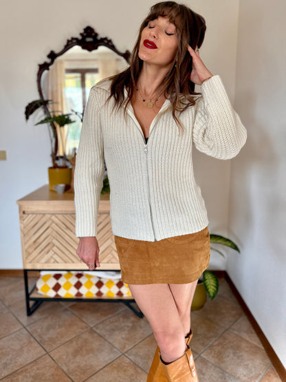 1990's vintage knit wool cream zip up cardigan with collar