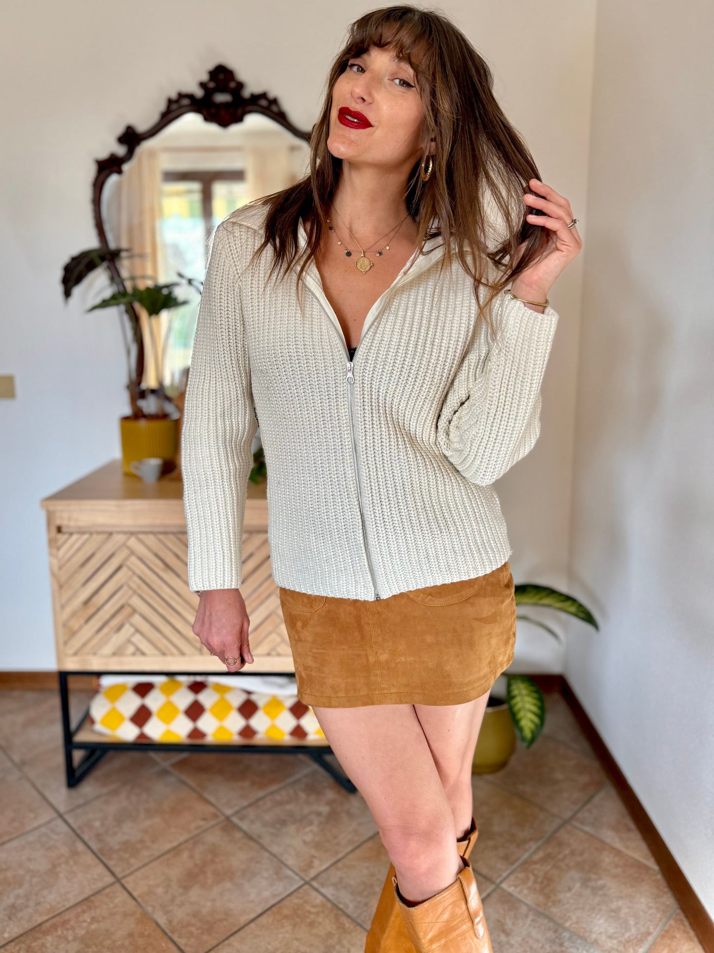 1990's vintage knit wool cream zip up cardigan with collar