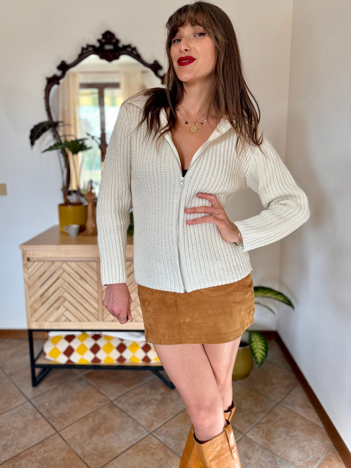 1990's vintage knit wool cream zip up cardigan with collar