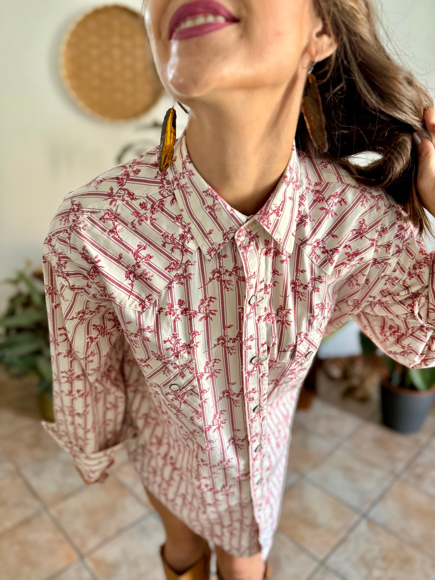 1990's vintage cream floral western pearl snap shirt with burgundy and pink floral print